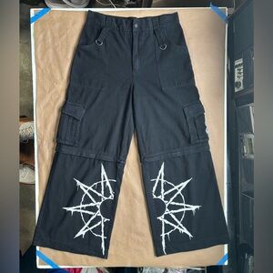 Slipknot X Dolls Kill cargo pants w zip off knees, sick prints and embroidery